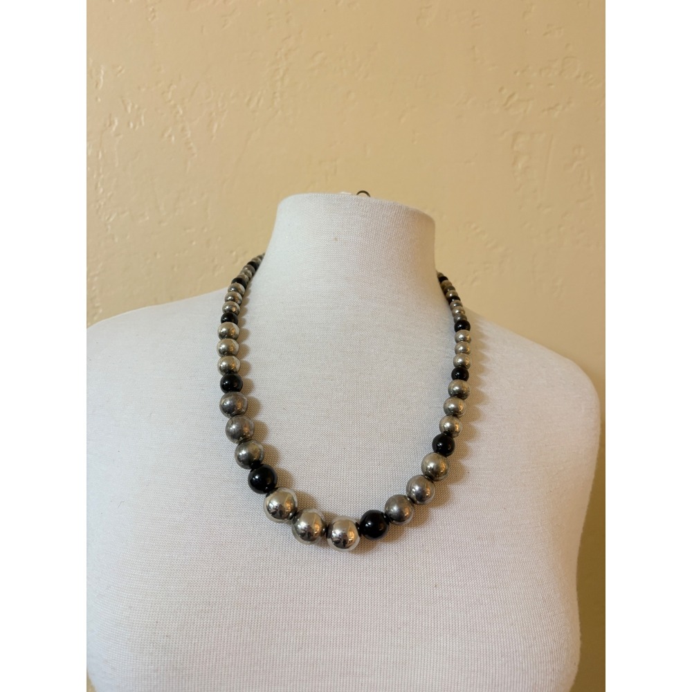 Vintage Graduated Silver‎ Tone and Black Bead Necklace 24 Inch Classic Statement